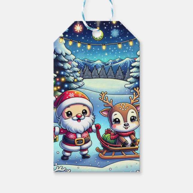 Personalisierter Weihnachtsmann und Rentier Geschenkanhänger (Vorderseite)