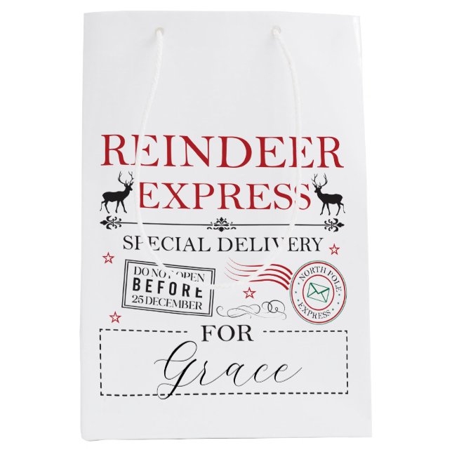 Personalisierter Weihnachtsname Nordpol Rentiere Mittlere Geschenktüte (Vorderseite)