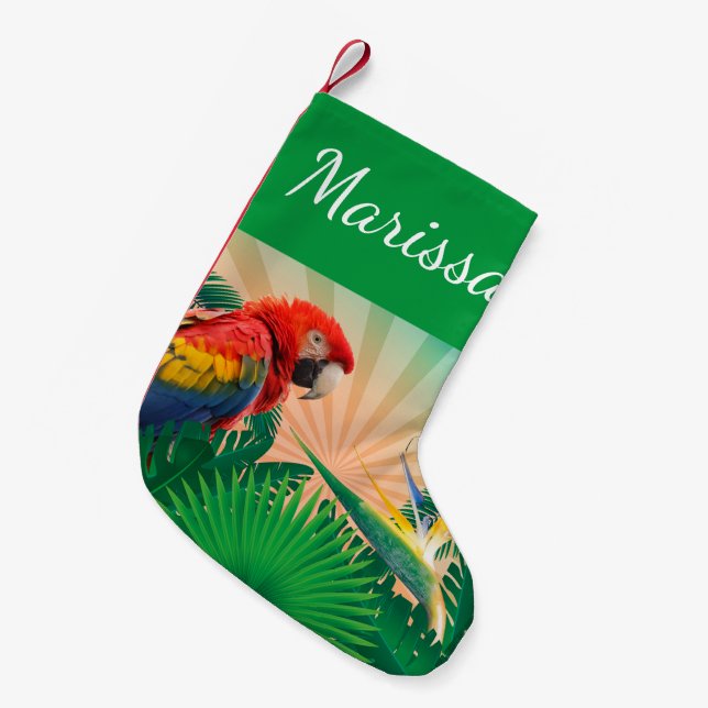 Personalisierter Weihnachtspapagei Kleiner Weihnachtsstrumpf (Vorderansicht (hängend))