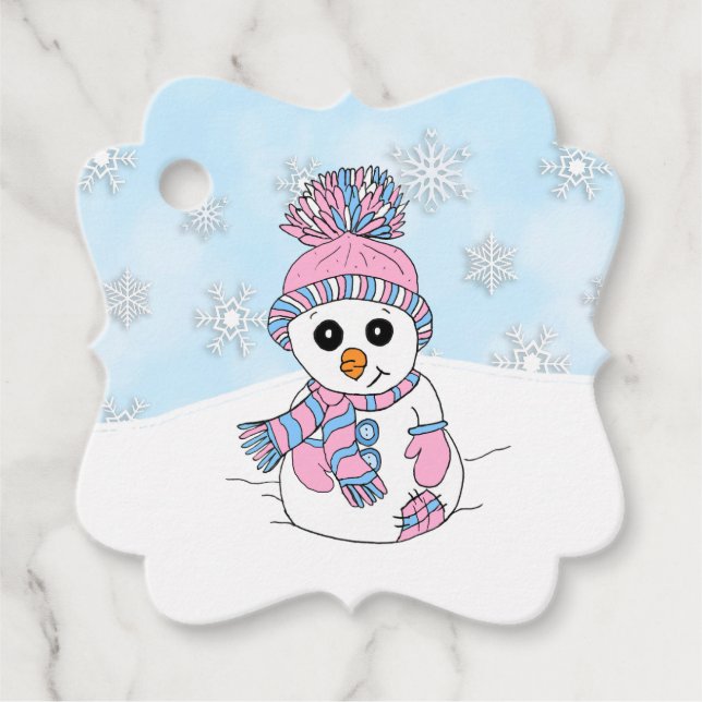 Personalisierter Weihnachtsrosa Schneemann Geschenkanhänger (Vorderseite)