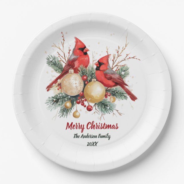 Personalisierter Weihnachtsroter Kardinal und Berr Pappteller (Vorderseite)