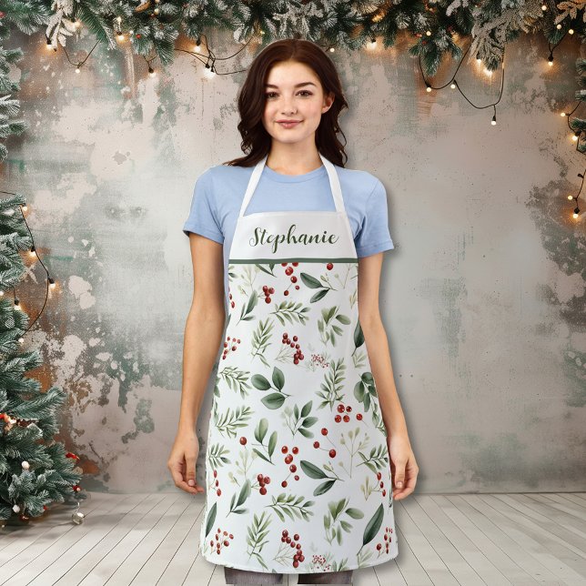 Personalisierter Weihnachtsschmuck & Rote Beeren Schürze (Personalized Christmas Greenery & Red Berries Apron)