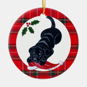 Personalisierter Weihnachtsschwarz-Labrador-Welpe Keramikornament