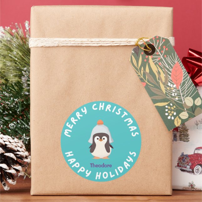 Personalisierter Weihnachtsurlaub Penguin Blau Runder Aufkleber (Feiertag)