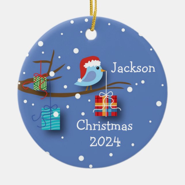 Personalisierter Weihnachtsvogel mit Geschenken Keramik Ornament (Vorne)