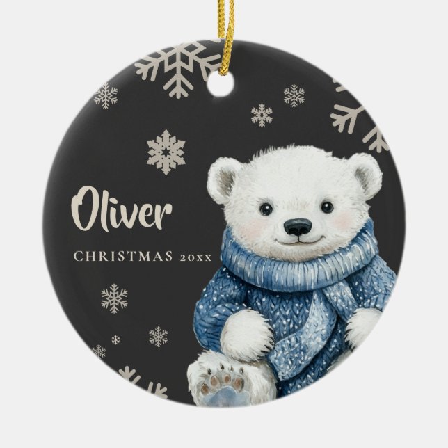 Personalisierter Weißbär Weihnachtsschneeflocke Keramik Ornament (Vorne)