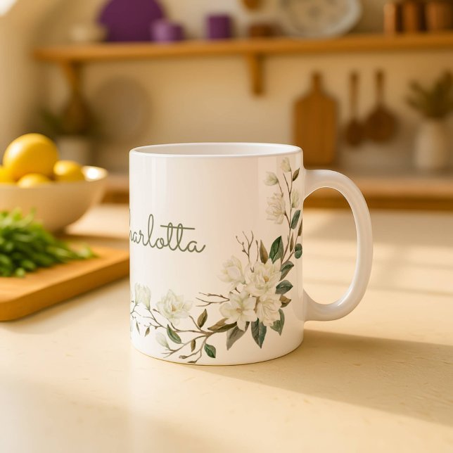 Personalisierter weißer Blumengrüßebecher, elegant Kaffeetasse (Von Creator hochgeladen)