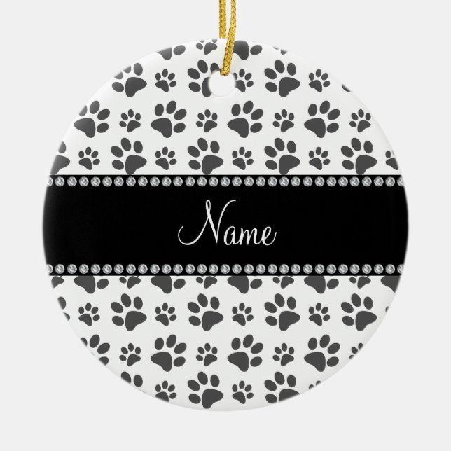 Personalisierter weißer Hundetatzennamensdruck Keramikornament (Vorne)