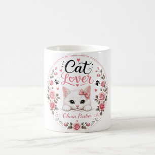Personalisierter Weißer-Katze-Liebhaber-Name-Rosa- Kaffeetasse