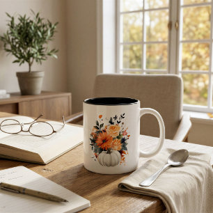 Personalisierter weißer Kürbis-Blumenstrauß Herb Zweifarbige Tasse