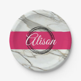 Personalisierter weißer Marmor fuchsienrosa Pappteller