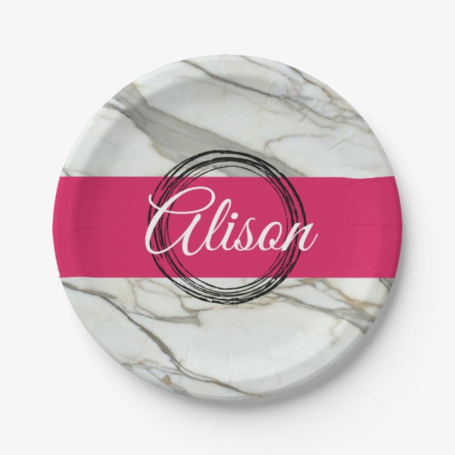 Personalisierter weißer Marmor fuchsienrosa Pappteller (Vorderseite)