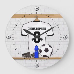 Personalisierter weißer schwarzer Fußball-Fußba Große Wanduhr