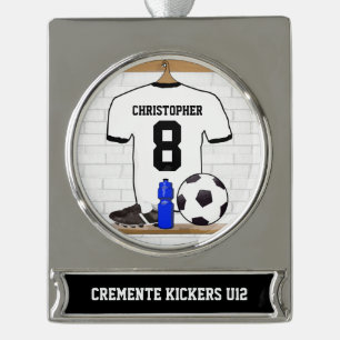 Personalisierter weißer schwarzer Fußball-Fußball Banner-Ornament Silber