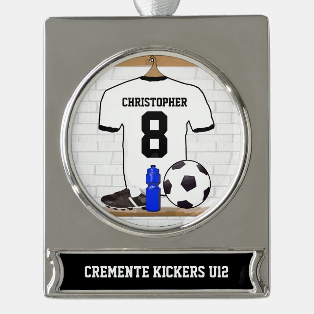 Personalisierter weißer schwarzer Fußball-Fußball Banner-Ornament Silber (Vorderseite)