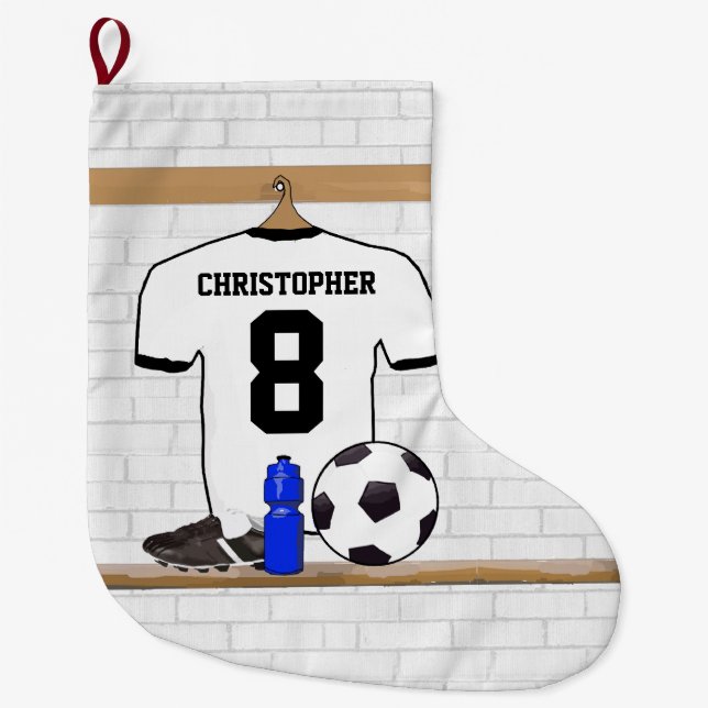 Personalisierter weißer schwarzer Fußball-Fußball Großer Weihnachtsstrumpf (Vorderseite)