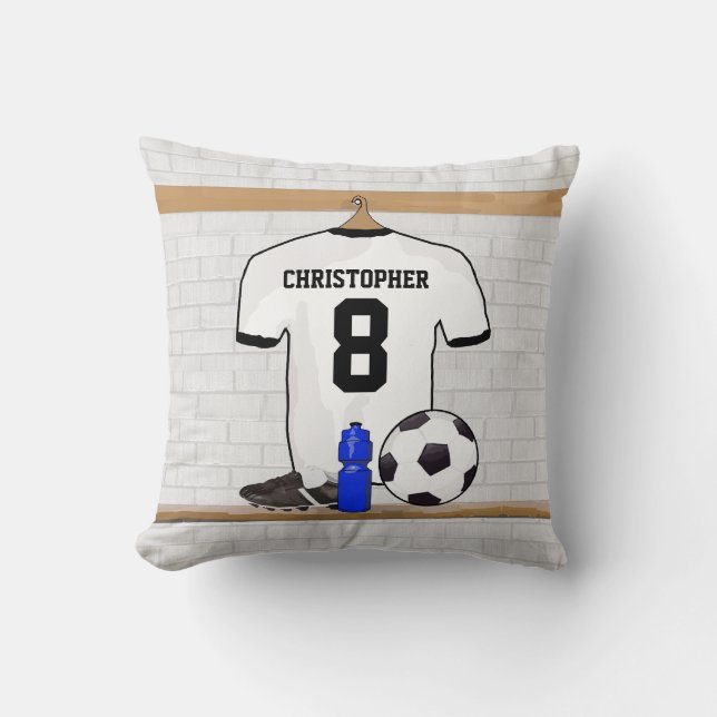 Personalisierter weißer schwarzer Fußball-Fußball Kissen (Vorderseite)