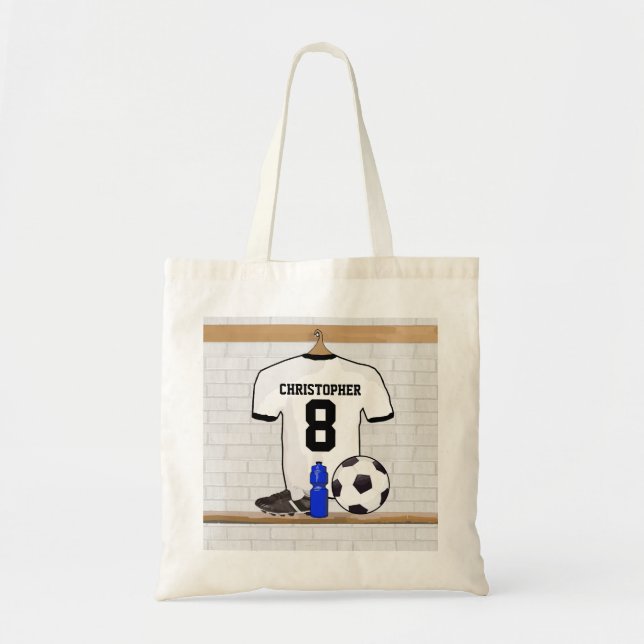 Personalisierter weißer schwarzer Fußball-Fußball Tragetasche (Vorne)
