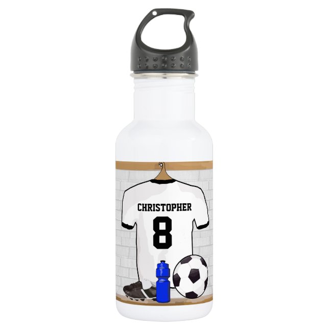 Personalisierter weißer schwarzer Fußball-Fußball Trinkflasche (Vorderseite)