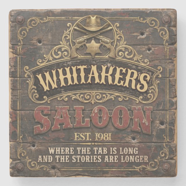 Personalisierter Western-Saloon Rustikaler Männerh Steinuntersetzer (Vorderseite)