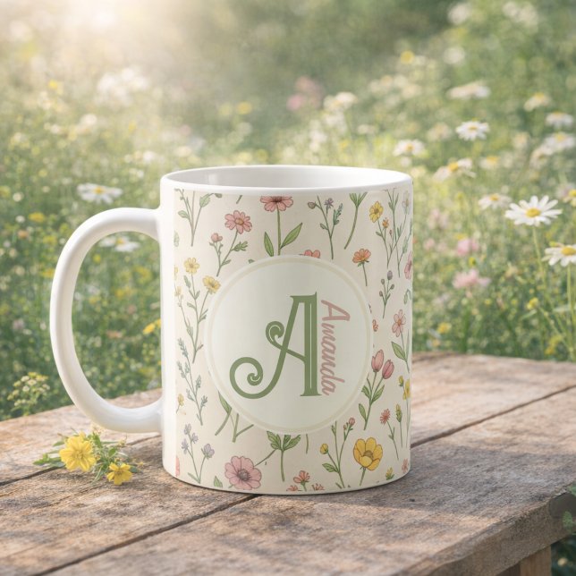 Personalisierter Wildblumen-Monogramm-Becher Kaffeetasse (Personalized Wildflower Monogram Mug)