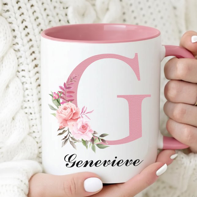 Personalisierter Wildblumen-Rosa-Kaffeebecher als  Tasse (Personalized Pink Monogram Mug Mother’s Day Gift for Mom, Floral Initial Coffee Mug Gift for Grandma)