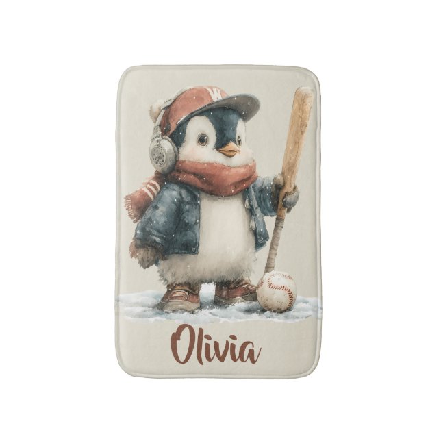 Personalisierter Winter-Pinguin-Baseballanzug für  Badematte (Vorderseite Vertikal)