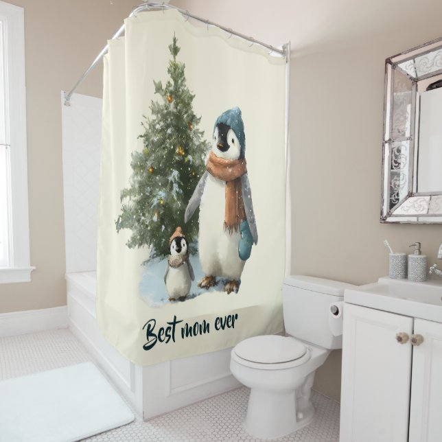 Personalisierter Winter-Pinguin „Beste Mutter über Duschvorhang (Beispiel)