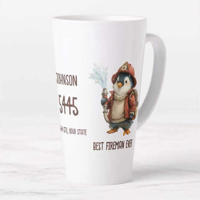Personalisierter Winter-Pinguin-Feuerwehrmann-Gesc Milchtasse (Rechte Ecke)