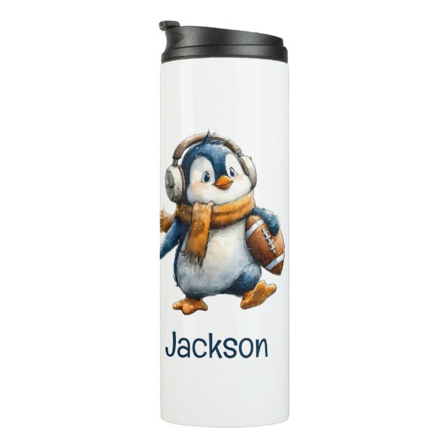 Personalisierter Winter-Pinguin-Fußball-Junior Thermosbecher (Nach rechts gedreht)