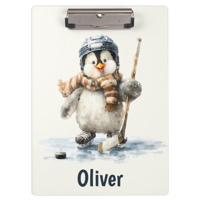 Personalisierter Winter-Pinguin-Hockey-Kid Klemmbrett (Vorderseite)