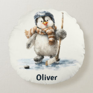 Personalisierter Winter-Pinguin-Hockey-Kid Rundes Kissen
