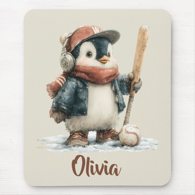 Personalisierter Winter-Pinguin-Softball-Kid Mousepad (Vorne)