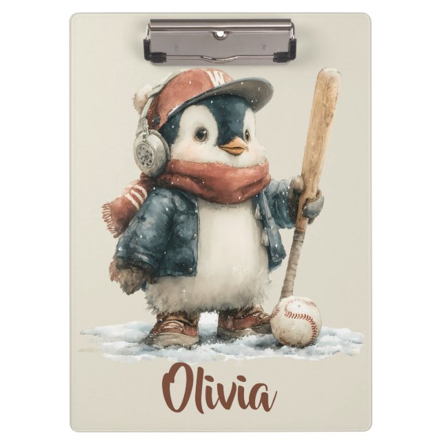 Personalisierter Winter-Pinguin-Softball-Kind Klemmbrett (Vorderseite)