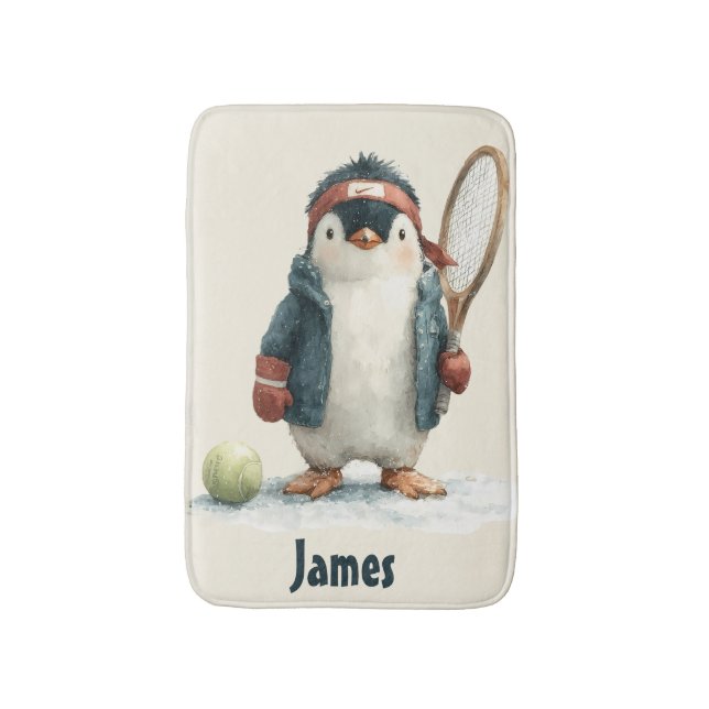 Personalisierter Winter-Pinguin-Tennis-Kid Badematte (Vorderseite Vertikal)