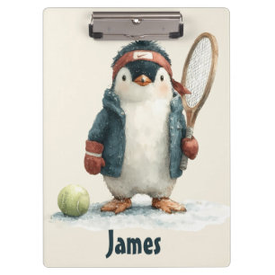 Personalisierter Winter-Pinguin-Tennis-Kid Klemmbrett
