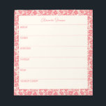 Personalisierter Wochenplaner Vintag Rote Flora Notizblock<br><div class="desc">Ein stilvolles personalisiertes Wochenplaner-Notizblock mit Vintager,  roter Blumengrenze.</div>