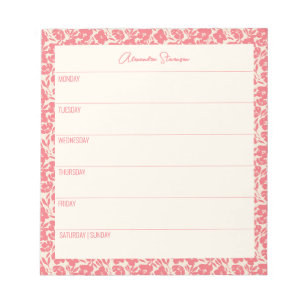 Personalisierter Wochenplaner Vintage-Rot-Blumenmu Notizblock