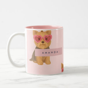 Personalisierter Yorkie Hund mit Herz-Sonnenbrille Zweifarbige Tasse