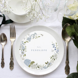 Personalisierter zarter, blauer Blumenstrauß Menükarte