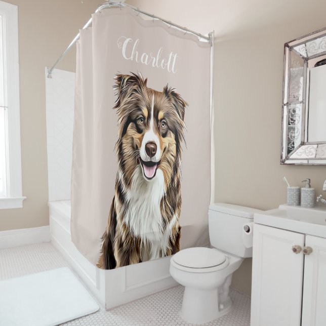 Personalisierter, Zeichnend Collie Dog an der Gren Duschvorhang (Beispiel)