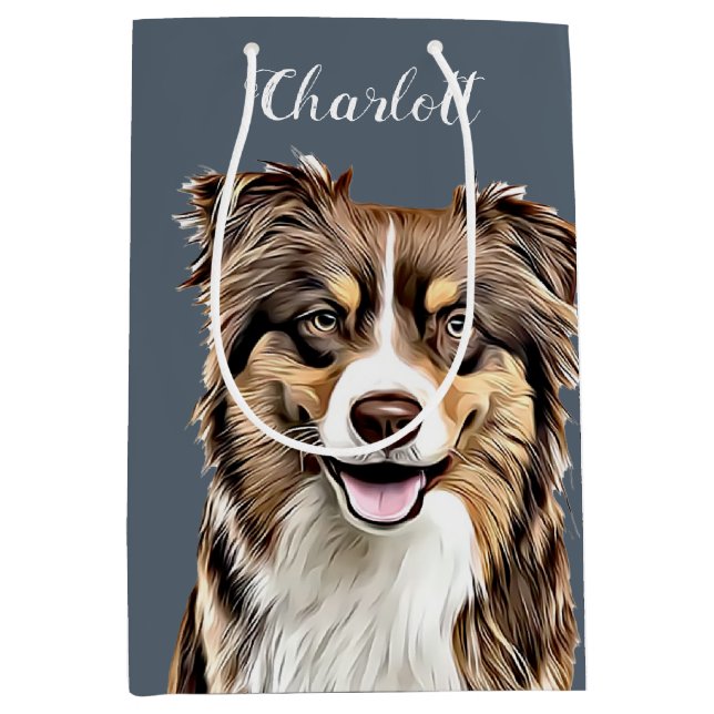 Personalisierter, Zeichnend Collie Dog an der Gren Mittlere Geschenktüte (Vorderseite)