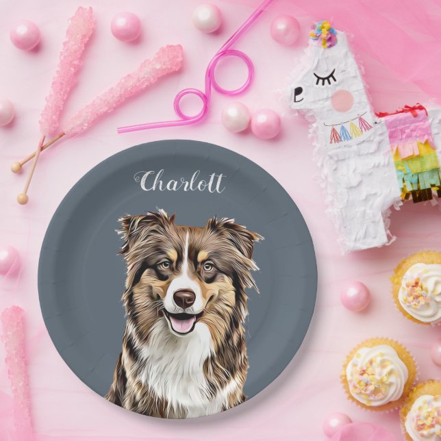 Personalisierter, Zeichnend Collie Dog an der Gren Pappteller (Party)