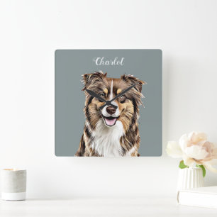 Personalisierter, Zeichnend Collie Dog an der Gren Quadratische Wanduhr