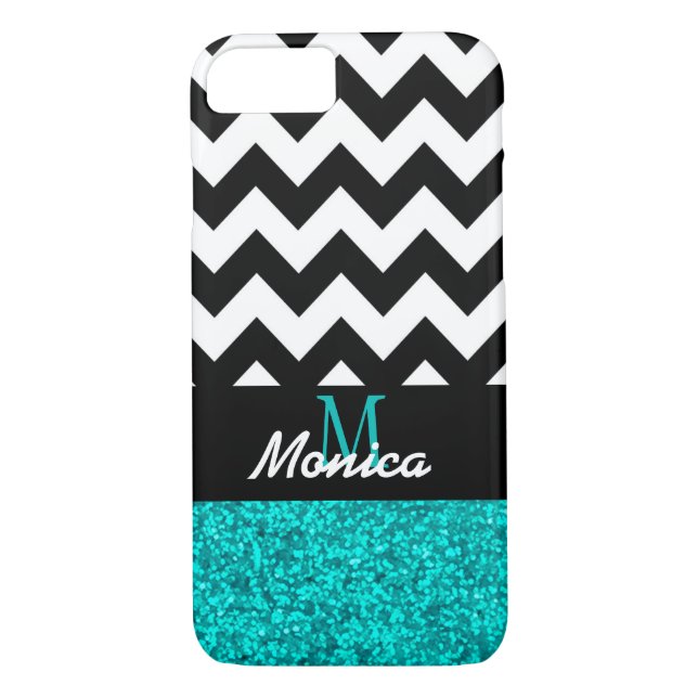 Personalisierter Zickzack Cyan-Glitzer Case-Mate iPhone Hülle (Rückseite)