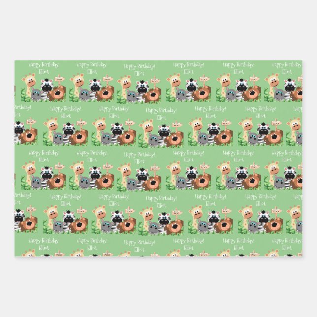 Personalisierter Zootier Geburtsdatum Grüne Leaf Geschenkpapier Set (Vorderseite)