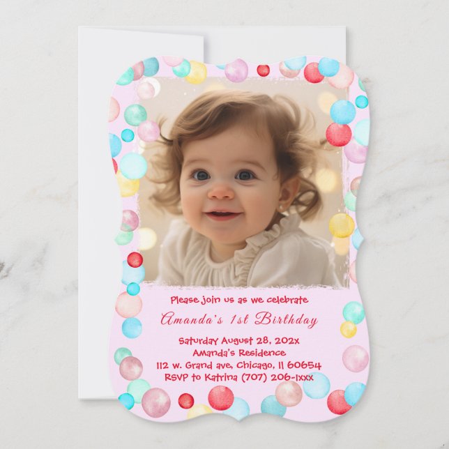 Personalisiertes 1. Geburtstag Girl Foto Einladung (Vorderseite)