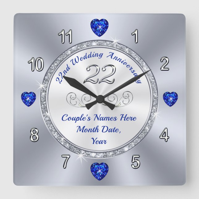 Personalisiertes, 22-jähriges Hochzeitstipendium Quadratische Wanduhr (Vorderseite)
