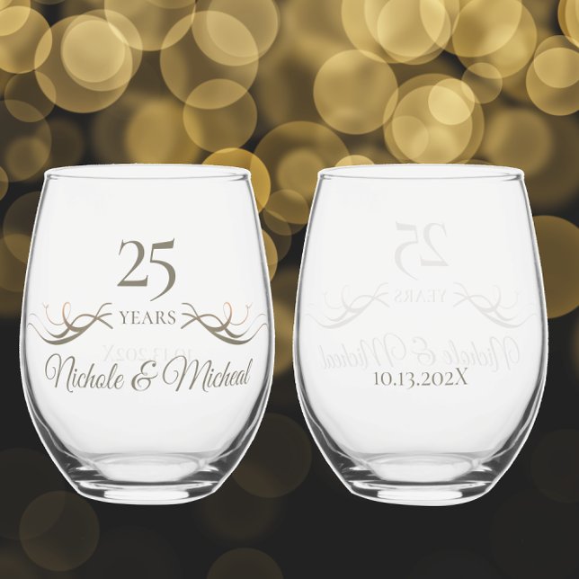 Personalisiertes 25-jähriges Jubiläum Benutzerdefi Weinglas Ohne Stiel (Add names and date for a unique elegant stemless wine glass 25th wedding anniversary keepsake gift )