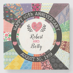Personalisiertes 60. Jubiläum, Patchwork Quilt Steinuntersetzer